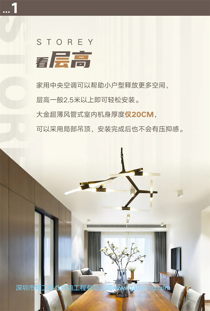 家用中央空調(diào)怎么選：看層高，大金超薄風管式室內(nèi)機身厚度僅20CM，可以采用局部吊頂，安裝完成后也不會有壓抑感。