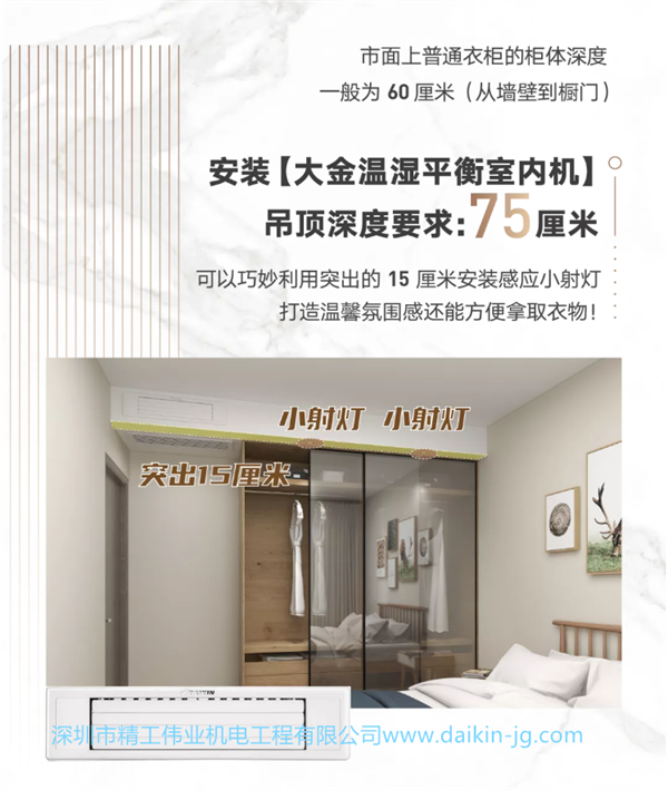 市面上普通衣柜的柜體深度，一般為60厘米（從墻壁到柜門）  安裝【大金溫濕平衡室內(nèi)機(jī)】，吊頂深度要求：75厘米  可以巧妙利用突出的15厘米安裝感應(yīng)小射燈，打造溫馨氛圍感方便拿取禮物。