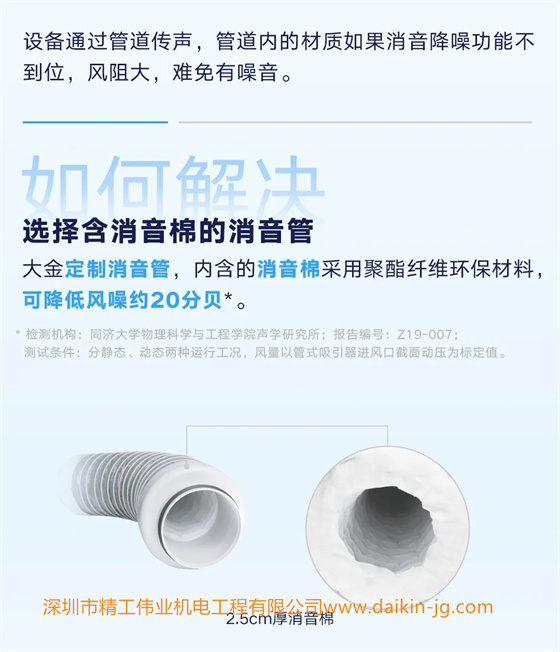 設(shè)備通過管道傳聲，管道內(nèi)的材質(zhì)如果消音降噪功能不到位，風(fēng)阻大，難免有噪音。 如何解決？——選擇含靜音棉的消音管 大金定制消音管，內(nèi)含的消音棉采用聚酯纖維環(huán)保材料，可降低風(fēng)噪約20分貝。