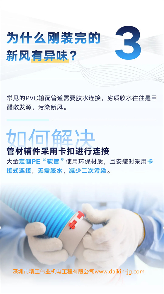 常見的PVC輸配管道需要膠水連接，劣質(zhì)膠水往往是甲醛散發(fā)源，污染新風(fēng)。 如何解決——管道附件采用卡扣進(jìn)行連接 大金定制PE“軟管”使用環(huán)保材質(zhì)，且安裝時采用卡接式連接，無需膠水，減少二次污染。
