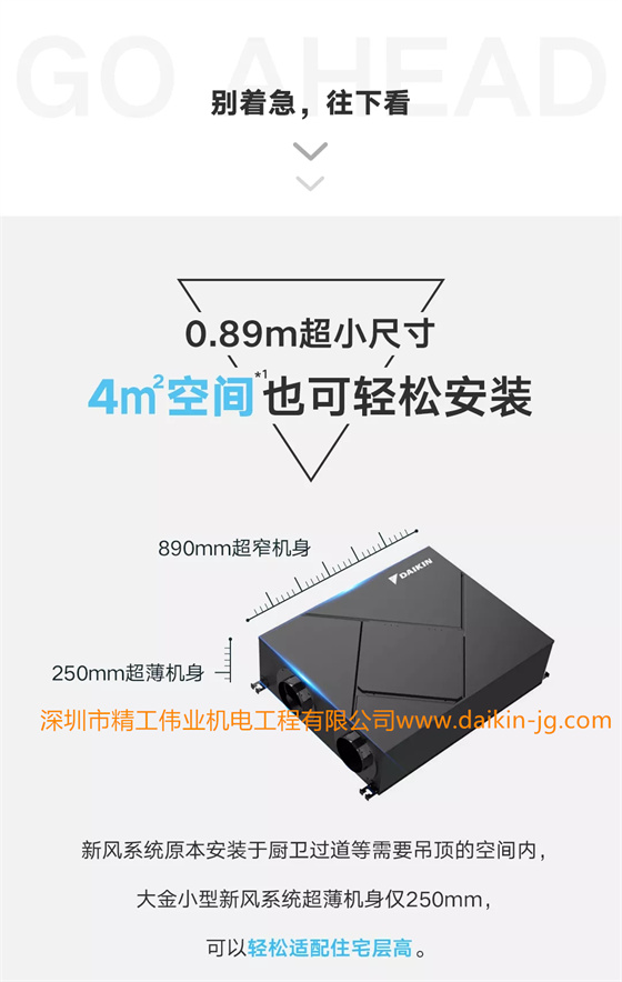 新風(fēng)系統(tǒng)原本安裝于廚衛(wèi)過道等需要吊頂?shù)目臻g內(nèi)，大金小型新風(fēng)系統(tǒng)超薄機(jī)身250mm，可以輕松適配住宅層高。