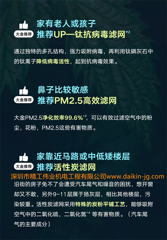 家有老人或孩子，推薦大金UP-鈦抗病毒濾網(wǎng)；鼻子比較敏感，推薦大金PM2.5高效濾網(wǎng)；家靠近馬路或中低矮樓層，推薦大金活性炭濾網(wǎng)。