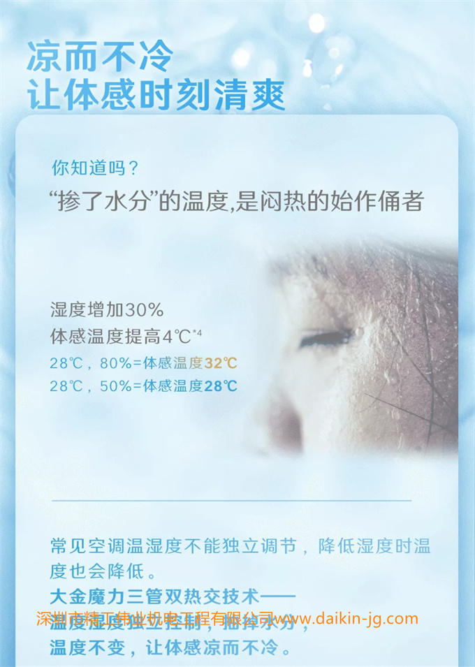 涼而不雙，讓體感時(shí)刻清爽。你知道嗎？摻了水分的溫度，是悶熱的始作俑者。  常見空調(diào)溫度濕度不能獨(dú)立調(diào)節(jié)，降低濕度時(shí)溫度也會降低。  大金魔力三管雙熱交技術(shù)——溫度濕度獨(dú)立控制，抽調(diào)水分，溫度不變，讓體感涼而不爽。