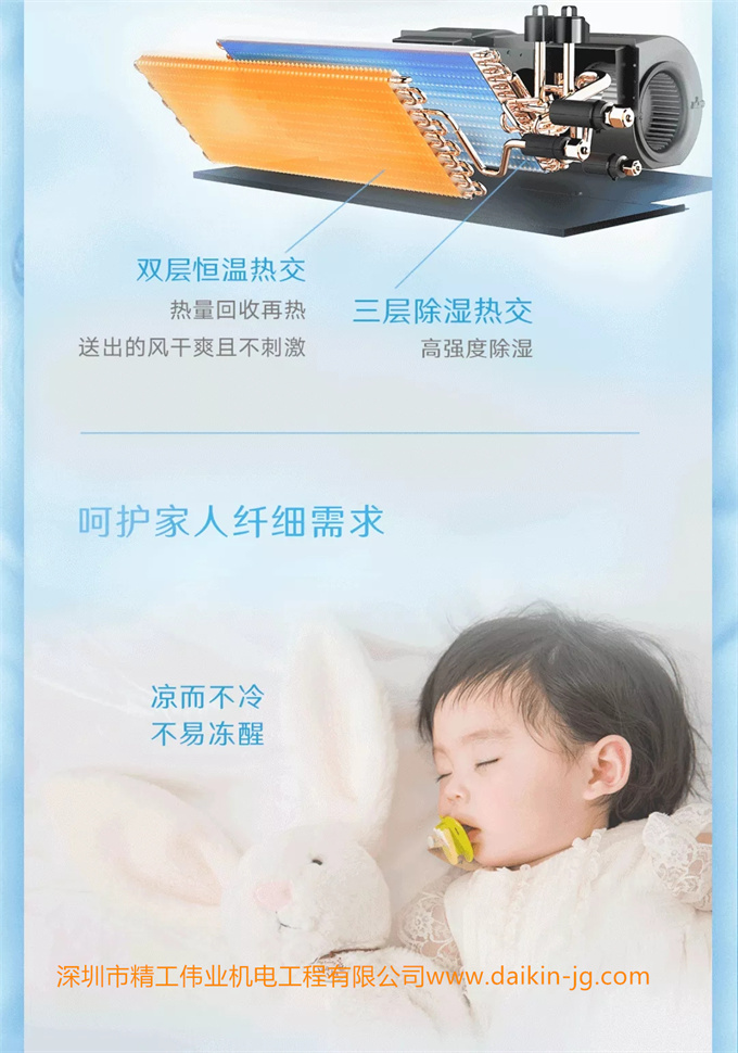 大金中央空調(diào)第2代溫濕平衡室內(nèi)機(jī)采用雙層恒溫?zé)峤缓腿龑映凉駸峤唬亲o(hù)家人纖細(xì)需求。達(dá)到?jīng)龆焕?，不易凍醒的舒適。