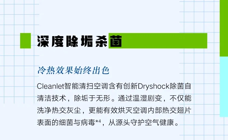 深度除垢殺菌：冷熱效果出色  Cleanlet智能清洗空調(diào)含有創(chuàng)新Dryshock除菌自清潔技術(shù)，除垢于無形。通過溫濕劇變，不僅能洗凈熱交灰塵，更能有效烘滅空調(diào)內(nèi)部熱交翅片表面的細(xì)菌與病毒，從源頭守護(hù)空氣健康。