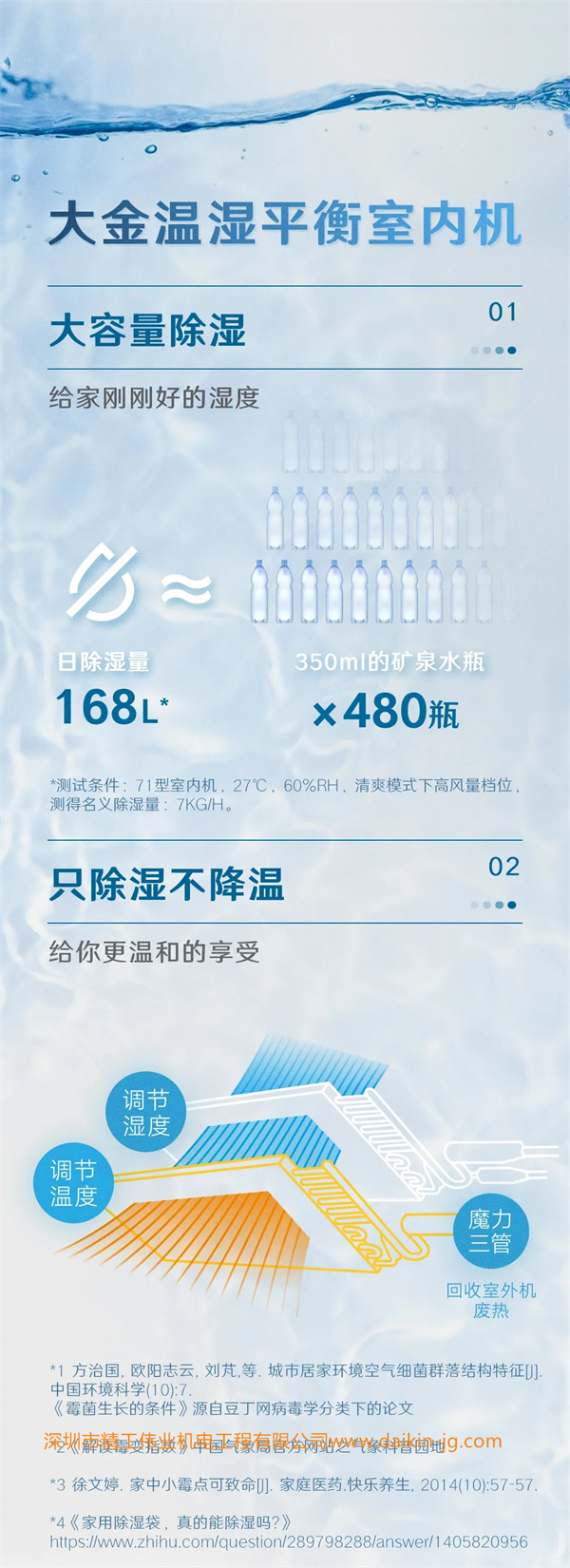 大金溫濕平衡室內機，大容量除濕，給家剛剛好的濕度。  日除濕量168L，相當于480瓶礦泉水。  只除濕不降溫，給您更溫和的享受。